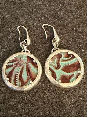 Patricia Nash Drop Earrings -Silver tone with Turquoise & Brown colored leather